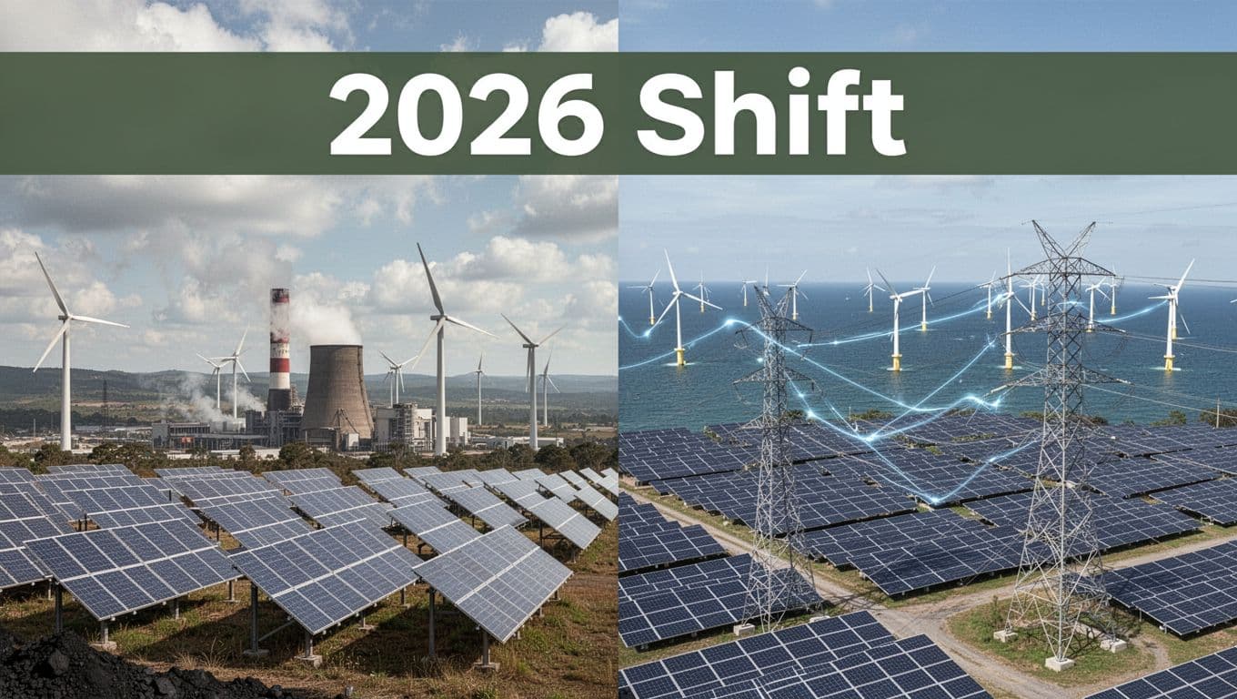 Split realistic landscape contrasting 2026 current energy mix with growing solar panels, wind turbines, and declining coal plants on the left, transitioning to vast solar farms, offshore wind arrays, and upgraded transmission infrastructure on the right, topped with a bold '2026 Shift' headline.