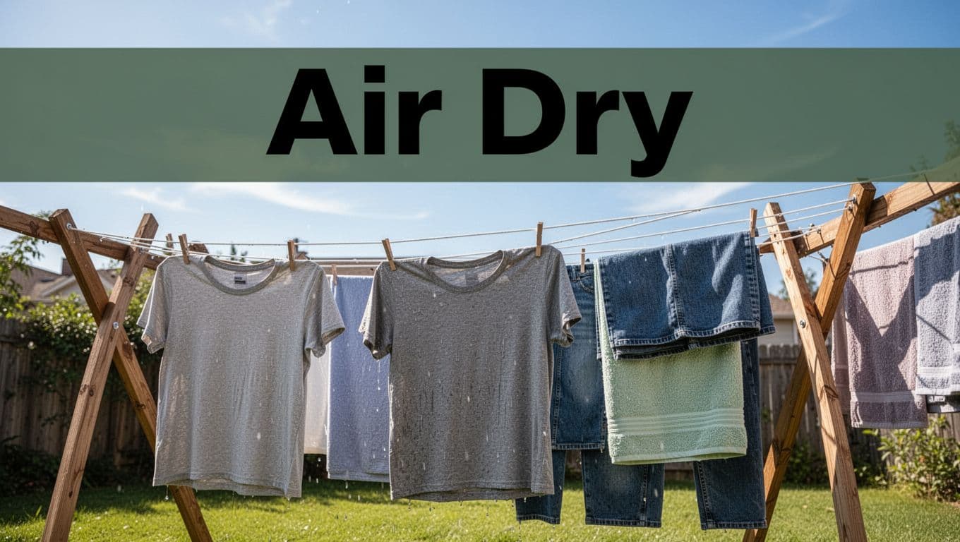 A sunny backyard clothesline with wet t-shirts, jeans, and towels hanging to air dry under a blue sky, in realistic photo style with natural lighting and a bold 'Air Dry' headline in a muted dark-green band at the top.