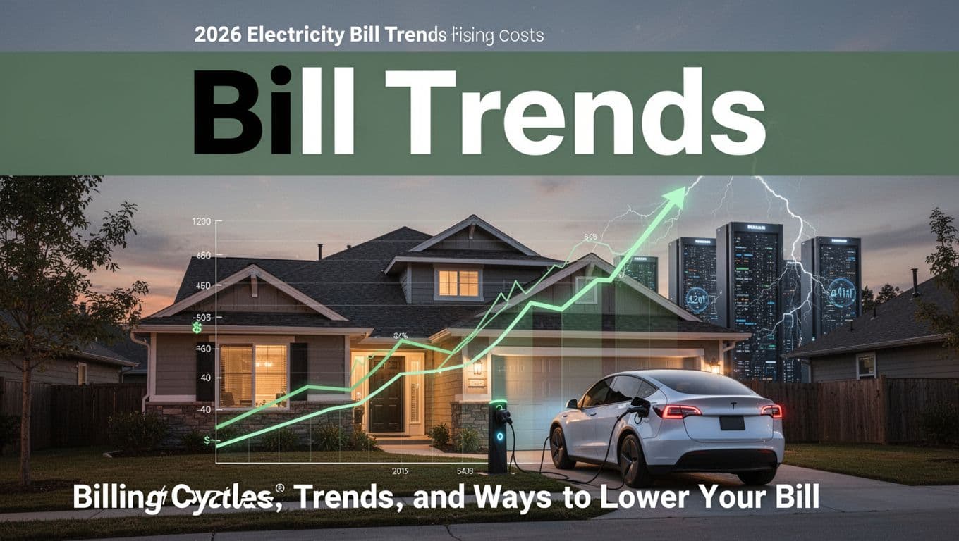 Editorial image showing a home and rising electricity cost trends with EV charging and data center silhouettes.