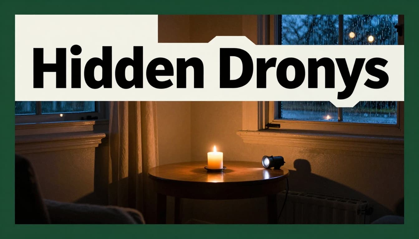 Realistic photo of a cozy living room during power blackout showing lit candle flickering near curtains, ajar front door with flashlight, rainy night outside, tense atmosphere with warm glow and cool shadows, topped with bold 'Hidden Dangers' headline.