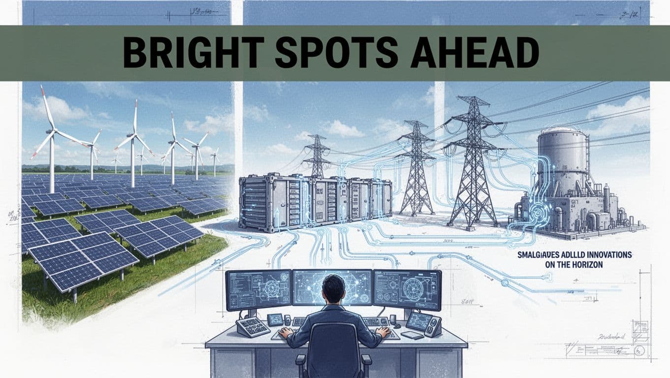 Editorial blueprint-style illustration of futuristic US power grid upgrades, featuring solar farms, wind turbines, battery storage, advanced transmission, modular nuclear reactor, and AI control room.