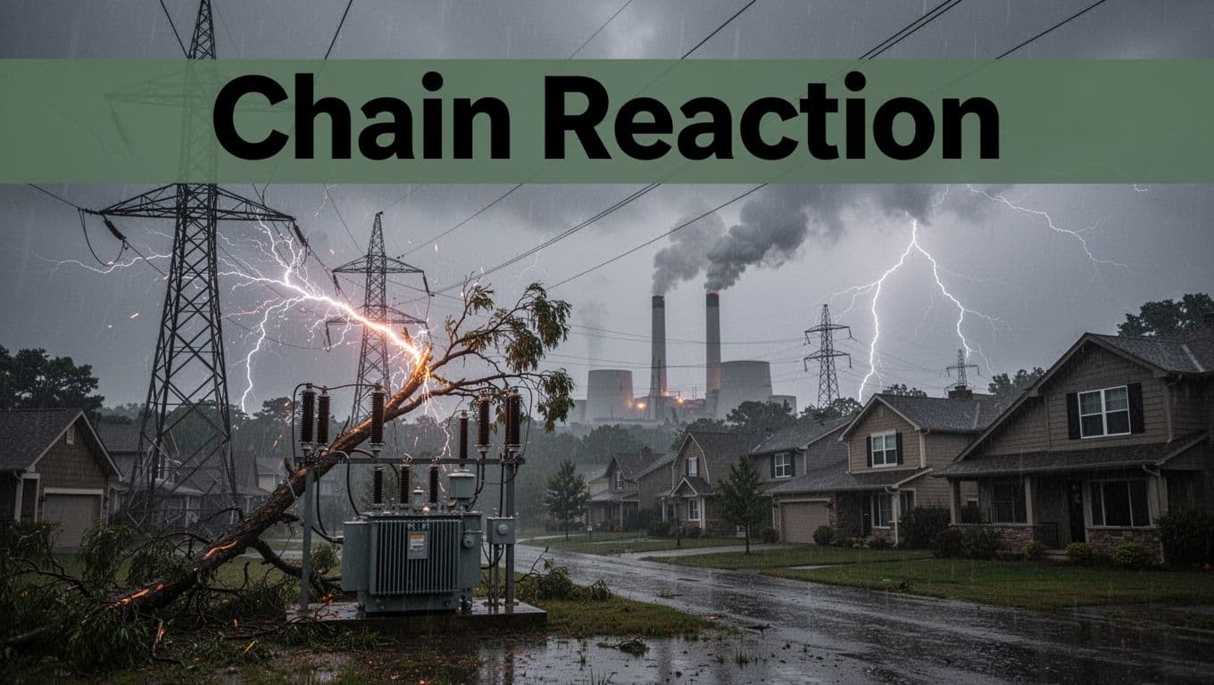 A realistic photo depicting electricity transmission disrupted by a storm, with sparking high-voltage lines from a fallen tree branch on tall towers, a foreground substation, distant power plant under stormy skies with lightning, and dark suburban homes.