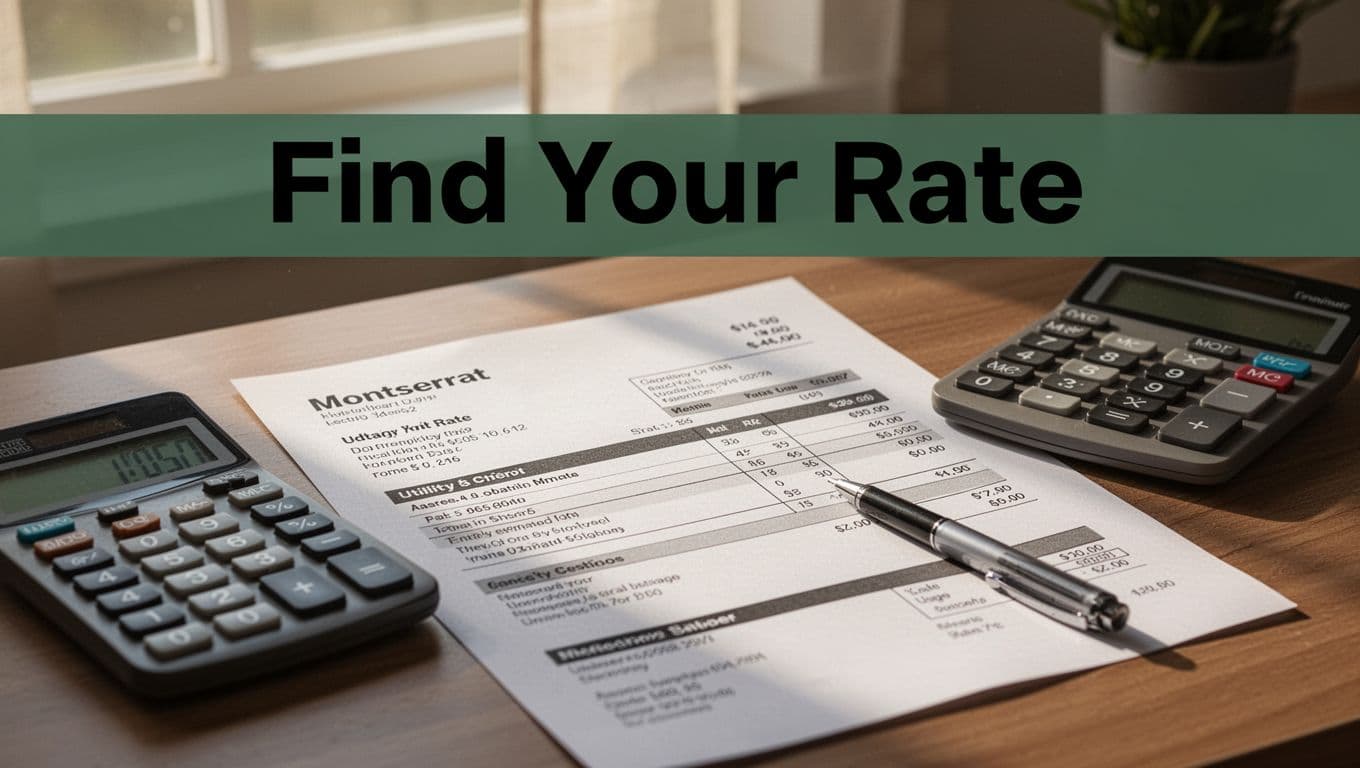 Close-up of a printed utility bill on a home desk, featuring the bold 'Find Your Rate' headline on a dark-green band, with a calculator and pen nearby, illuminated by soft morning light.