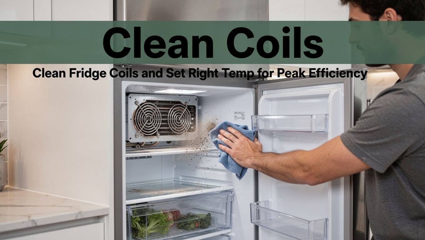 Modern kitchen with open fridge door revealing organized shelves and clean coils on the back panel. A hand wipes dust from the coils with a cloth, featuring bold 'Clean Coils' headline in a muted dark-green band at the top.