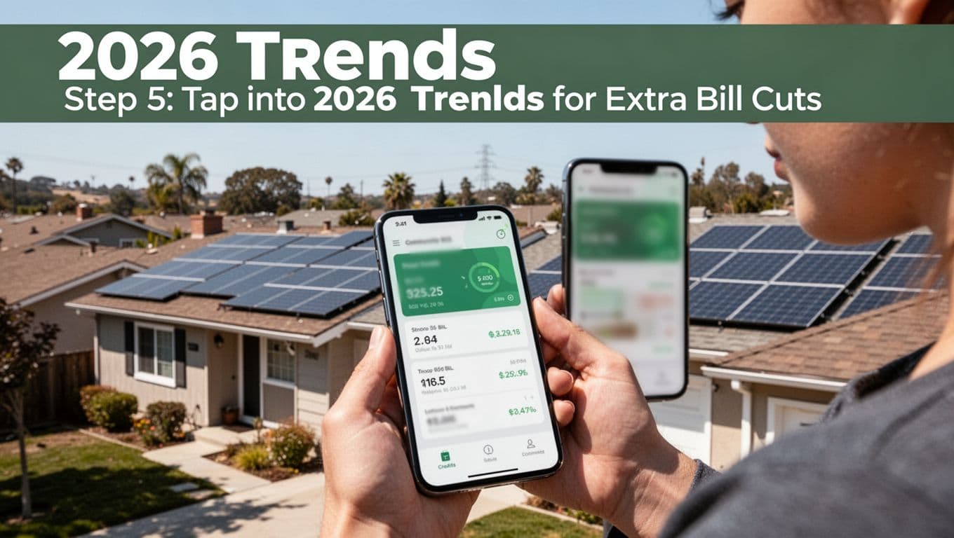 Suburban neighborhood rooftops with distant community solar panels, a person holding a smartphone displaying bill credits via app.