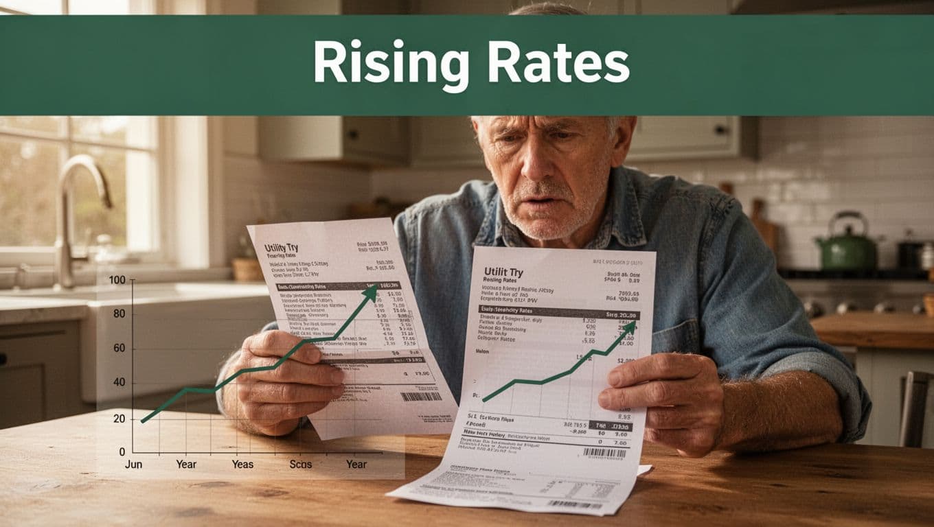 Realistic close-up photo of a middle-aged homeowner in a kitchen, sitting at a table with a concerned expression while examining a printed utility bill next to a line graph depicting upward-trending electricity rates over the years. Top edge-to-edge muted dark-green horizontal band occupies 20% of image height with bold 'Rising Rates' headline.