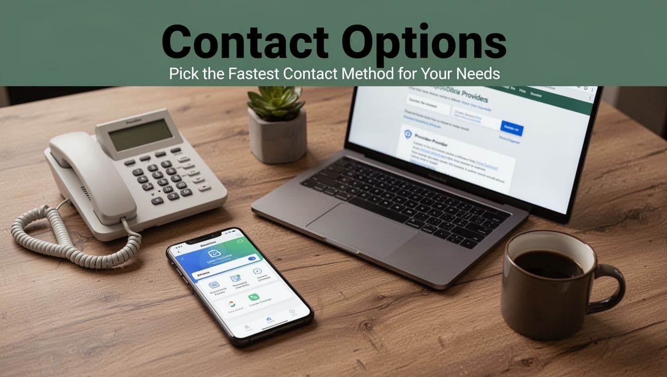 Top-down close-up of a smartphone displaying a utility app next to a landline phone and a laptop open to a provider website on a wooden table with a coffee mug in a neutral office setting.