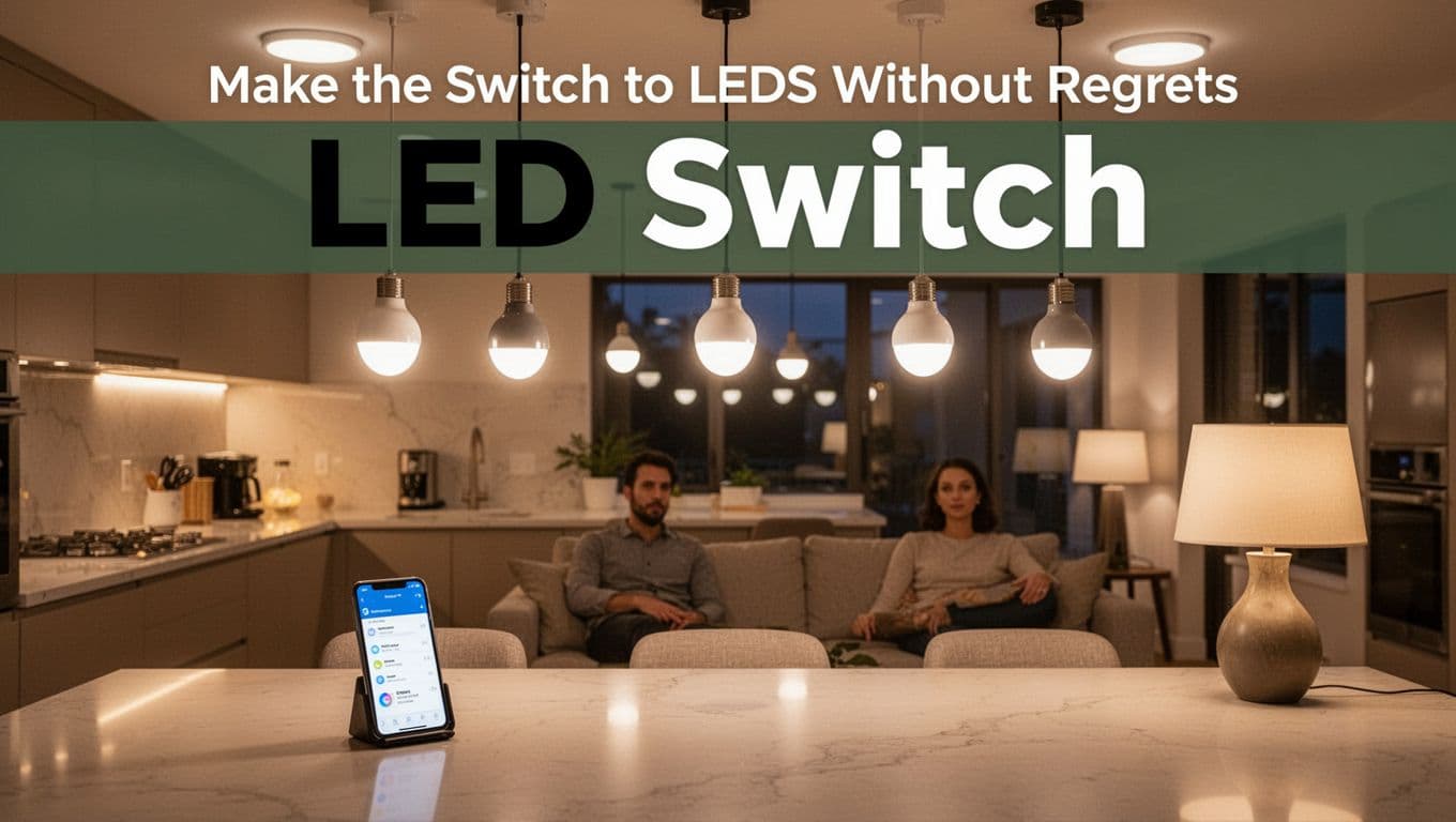 Realistic evening photo of a cozy modern kitchen and living room featuring smart LED bulbs in recessed fixtures, pendants, and lamps emitting adjustable warm dimmable mood lighting, with a smartphone for app control. Bold 'LED Switch' headline in geometric sans-serif font on a dark-green band at the top, one relaxed person on couch in background.