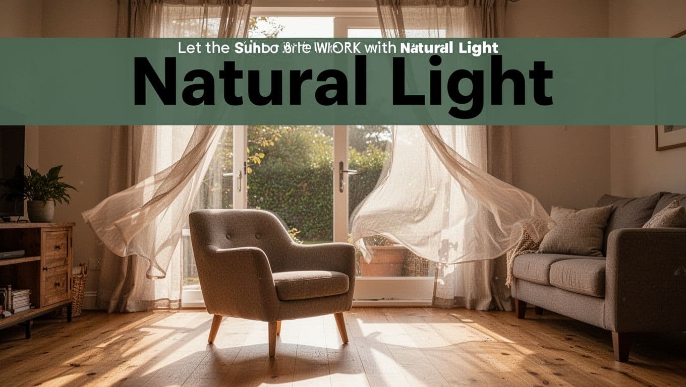 Cozy living room with sunlight streaming through billowing sheer curtains onto wooden floor and furniture, featuring one empty armchair in the foreground, illuminated by warm natural daylight in realistic photo style. Bold 'Natural Light' headline in a muted dark-green band at the top.