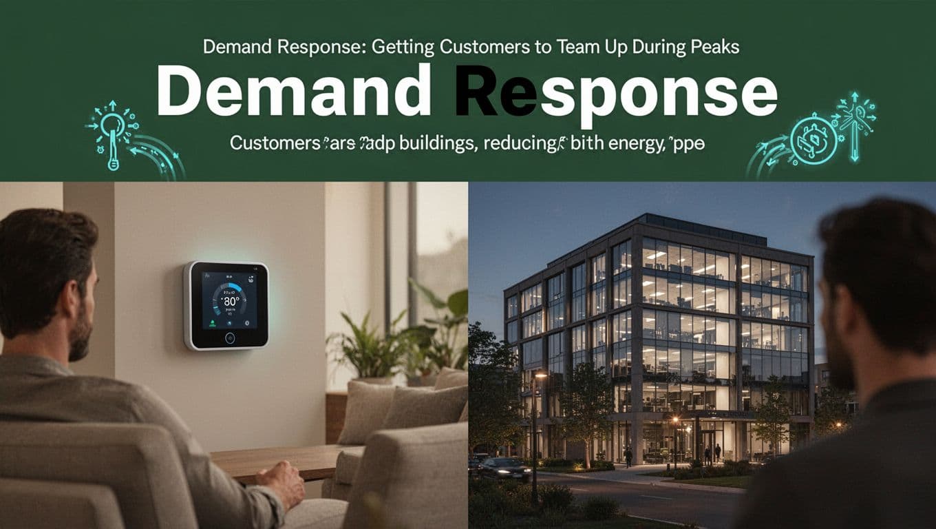 Home and commercial building customers participating in demand response with smart thermostats adjusting temperatures and appliances pausing during peak times to ease grid load.