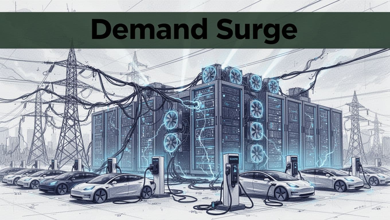 Sagging transmission lines under heavy load lead to a massive AI data center with glowing servers and packed EV charging stations, depicted in blueprint technical style with high-contrast blue lines and a 'Demand Surge' headline in a dark-green band.