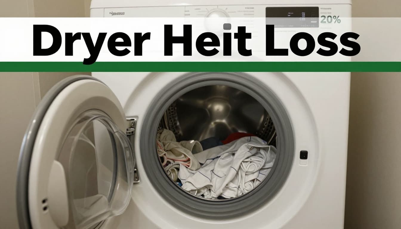 Home laundry room with an operating clothes dryer venting hot air, clothes tumbling inside visible through the door, stacked washer nearby, focused on dryer under soft indoor lighting in realistic style, muted dark-green top band with bold headline 'Dryer Heat Loss'.