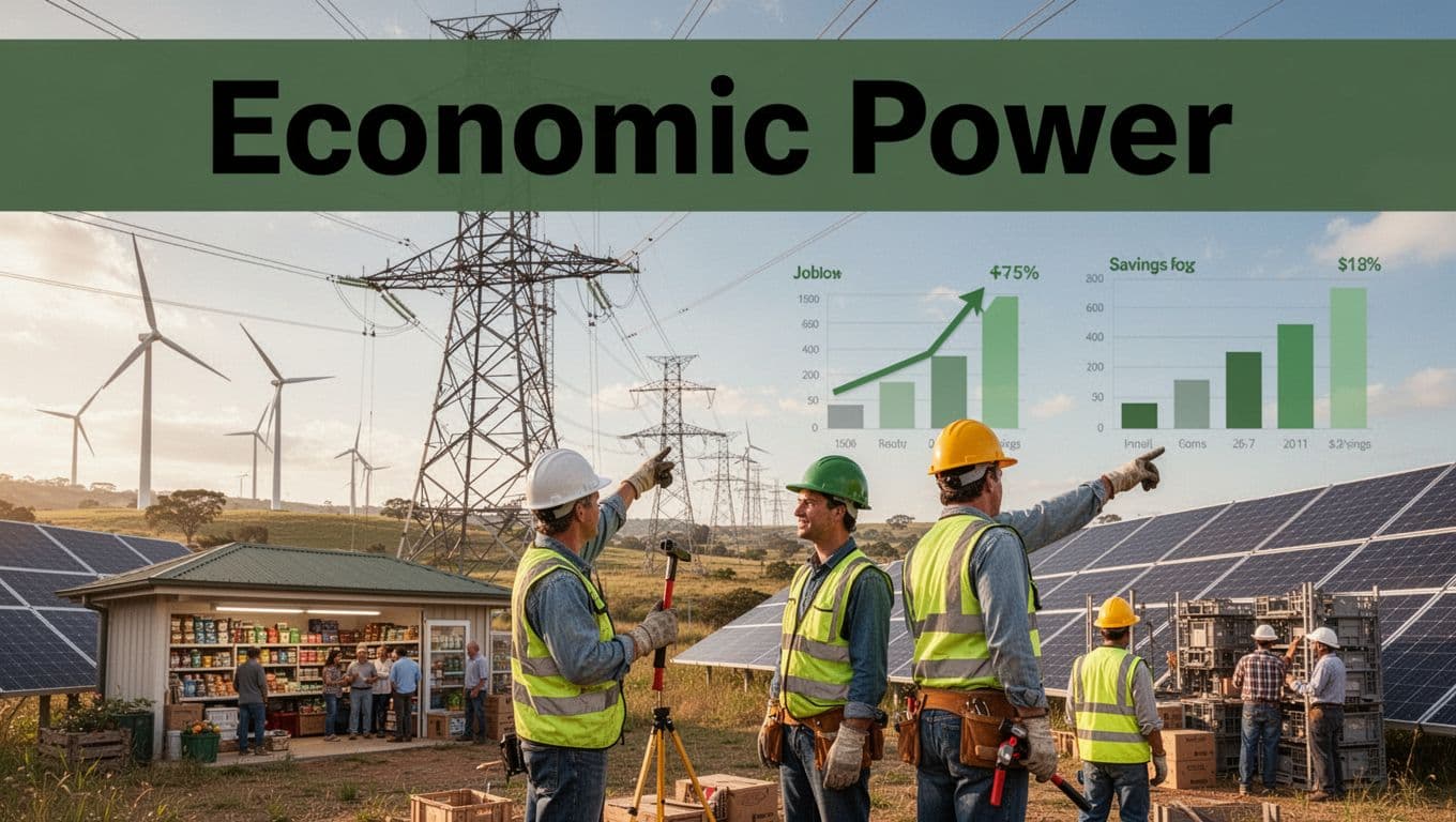 Construction workers build transmission towers near wind farm and solar panels, with rural store customers and subtle job growth charts, under bold 'Economic Power' headline.