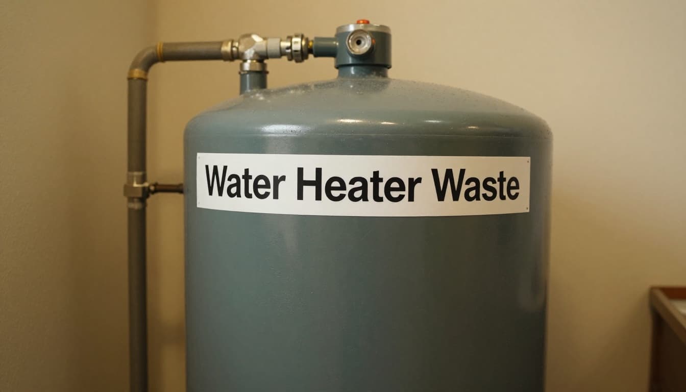 Close-up of a large electric water heater tank in a home utility room next to pipes and insulation with implied heat, featuring a dark-green band at the top with the headline 'Water Heater Waste'. Realistic photo in warm indoor lighting, centered composition.