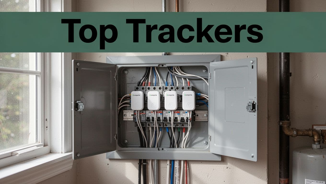 Modern home electrical panel in utility room with Emporia Vue sensors on main breakers, clean wires, soft natural light, and 'Top Trackers' headline in bold sans-serif on dark-green band.