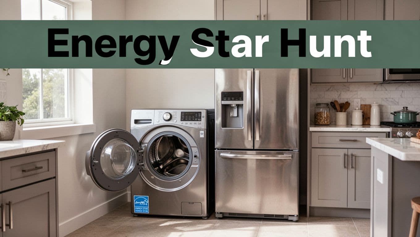 Realistic photo of a clean modern laundry room and adjacent kitchen featuring Energy Star certified front-load washing machine with door ajar and large refrigerator, stainless steel finishes, natural daylight, and bold 'Energy Star Hunt' headline in geometric sans-serif font on a dark-green band.
