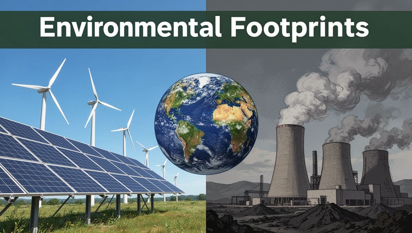 Bold editorial illustration contrasting pristine solar panels and wind turbines under clear blue skies with a smoky coal power plant belching pollution, balanced around a central Earth globe.