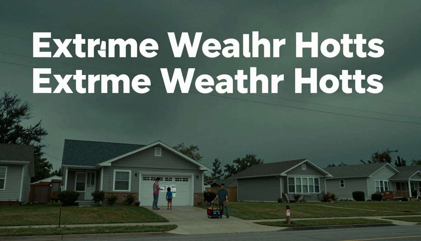 Stormy sky over suburban neighborhood with strained power lines, a home with backup generator during extreme weather event, family inside reviewing energy audit report amid tense grid stress.