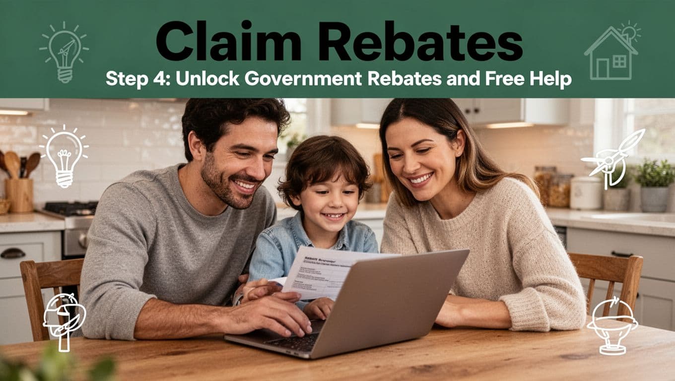 A family of two happily reviews their rebate application on a laptop at the kitchen table, with subtle energy efficiency icons in the background and a bold 'Claim Rebates' headline in a dark-green top band.
