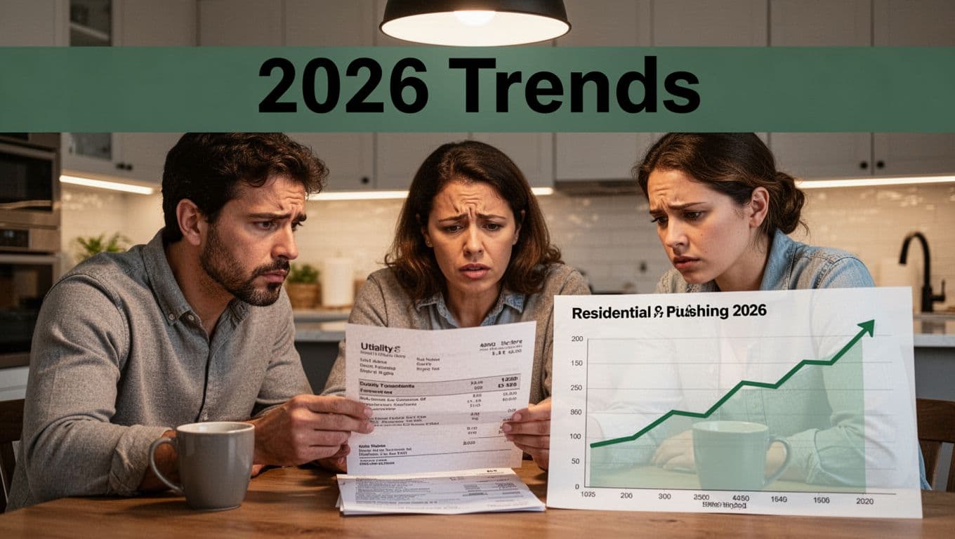 Photorealistic close-up of a family of three in a modern kitchen with concerned expressions, examining a printed utility bill and line graph showing upward-trending residential electricity costs in 2026. Top 20% features muted dark-green band with '2026 Trends' headline.