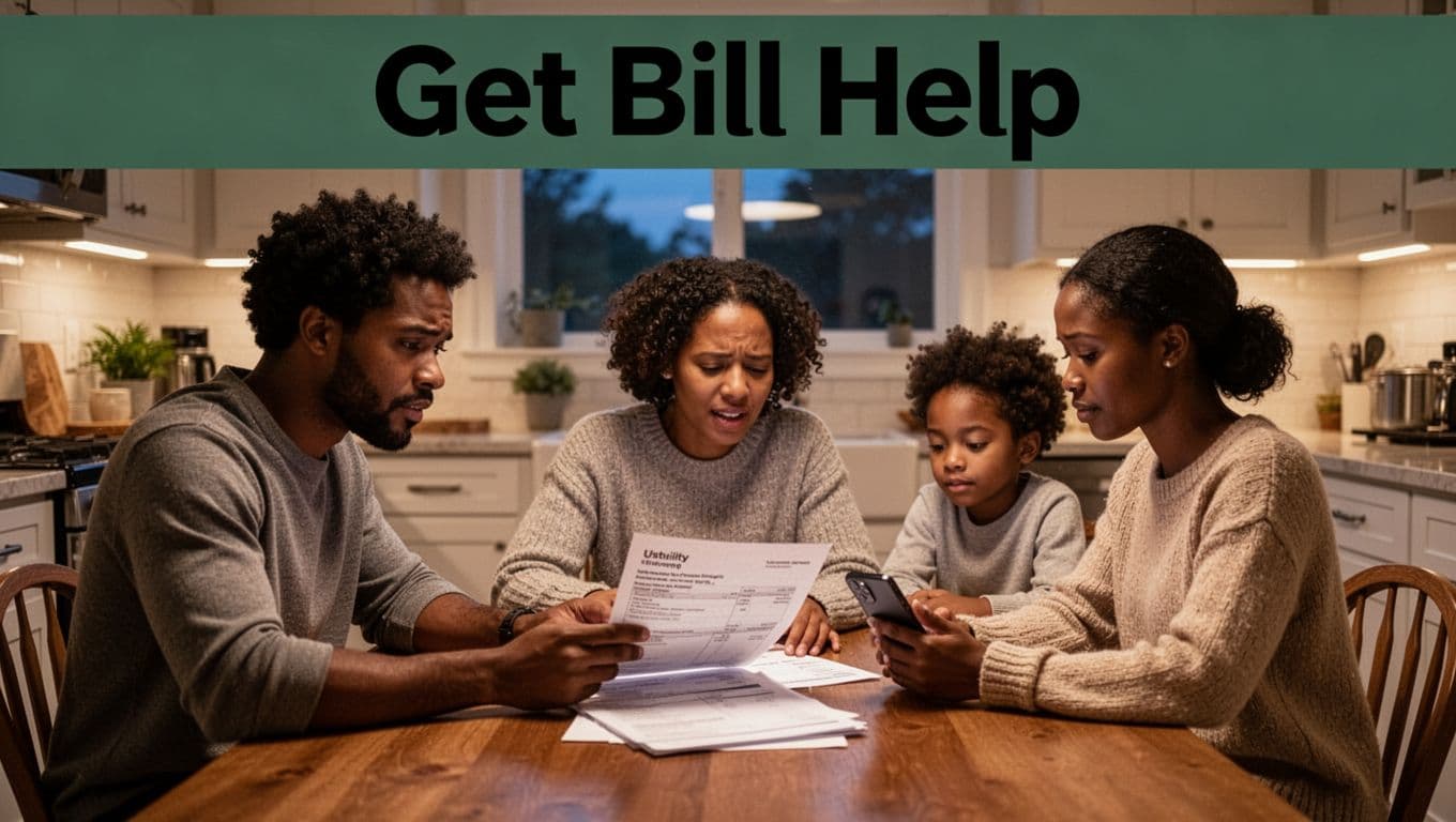 A diverse family of three sits at a cozy kitchen table reviewing a utility bill together, with one on the phone applying for assistance. Photorealistic scene with expressions of relief and a bold 'Get Bill Help' headline in a dark-green band at the top.