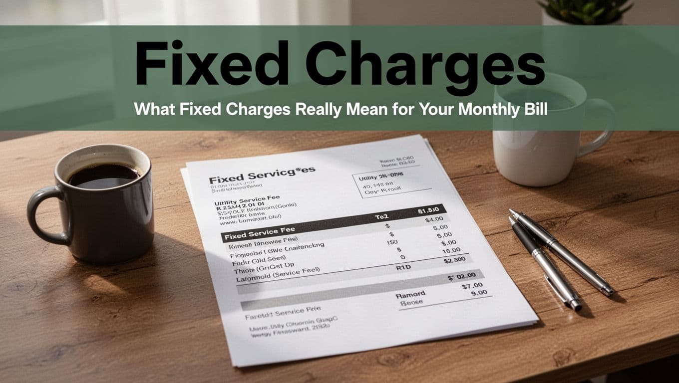 Printed utility bill on a wooden desk in a home office setting, with fixed service fee line prominent, coffee mug and pen nearby, under morning natural light. Photorealistic style with bold 'Fixed Charges' headline.