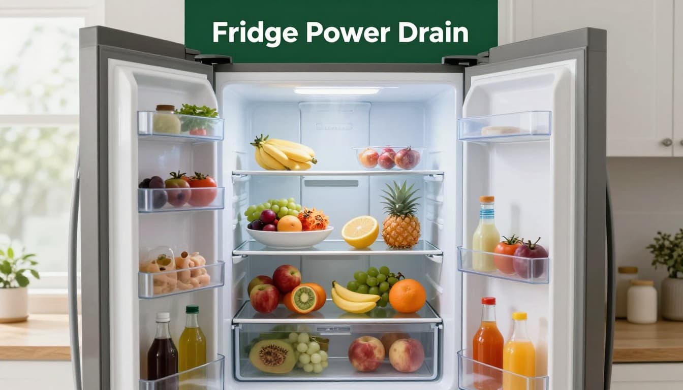 Modern kitchen with open refrigerator door revealing stocked shelves and cool air spilling out, centered composition under natural light, topped with headline band.