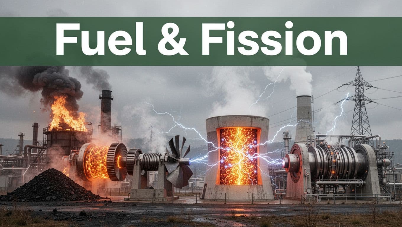 Bold editorial illustration featuring a fossil fuel combustion boiler burning coal and gas to produce steam driving turbines, alongside a nuclear reactor core with uranium fission generating steam for turbines, topped by a 'Fuel & Fission' headline on a muted dark-green band.