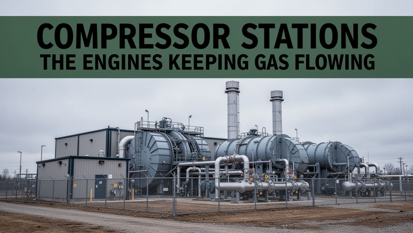 Bold editorial illustration of a large compressor station building with turbine housings, pipe manifolds, and exhaust stacks in a fenced industrial yard under an overcast sky, featuring a muted dark-green headline band at the top.
