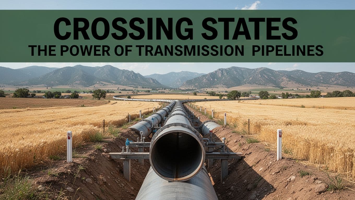 Expansive high-pressure natural gas transmission pipeline snakes across rural countryside with golden fields and distant mountains, viewed straight-on to emphasize its massive steel diameter partially buried with markers.