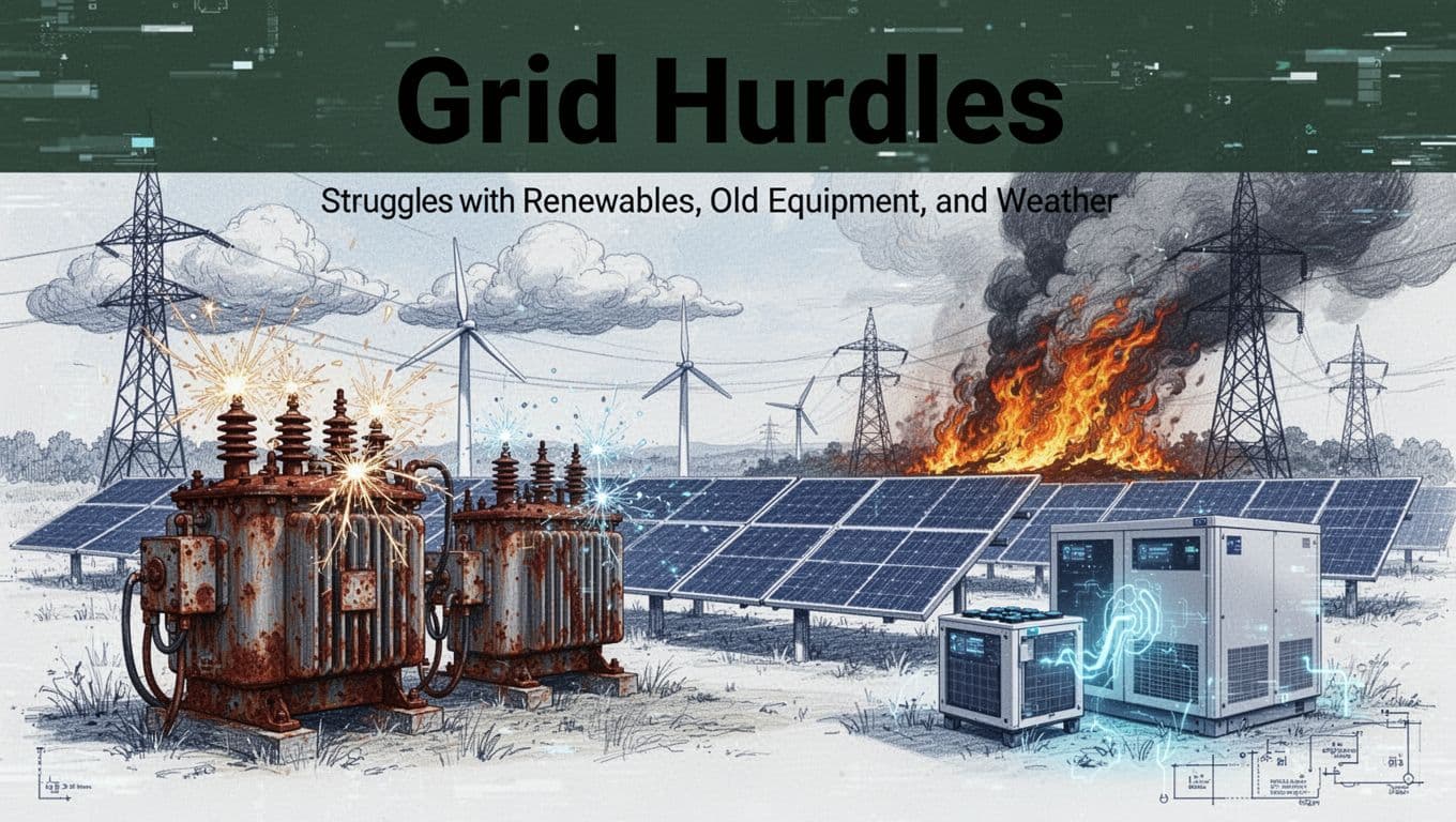 Editorial blueprint illustration of power grid challenges featuring rusted sparking 1960s transformers, intermittent solar panels and stalled wind turbines under clouds, approaching wildfires on transmission towers, subtle cyber attack glitch, with hopeful nearby battery storage units charging.