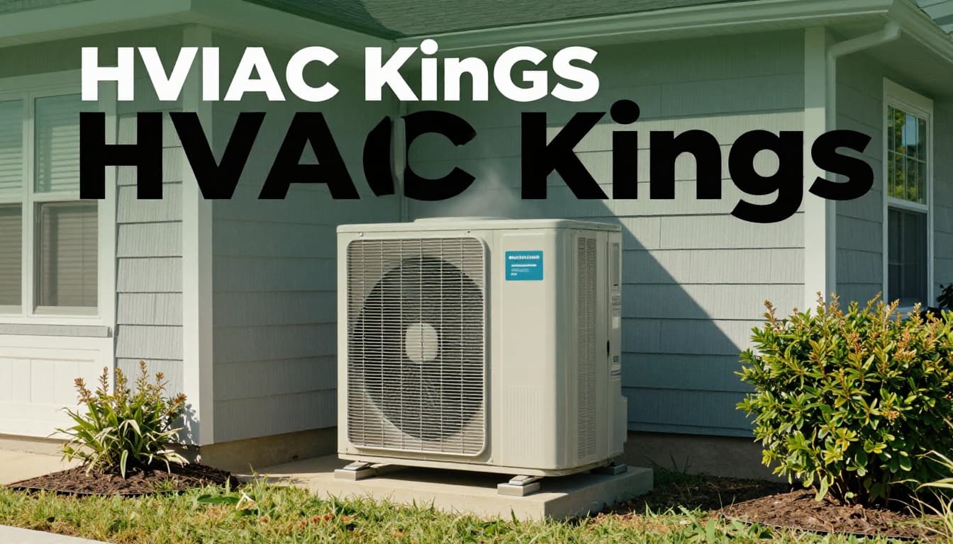 Modern suburban home exterior with large central air conditioning unit running on a sunny hot summer day, condenser fan spinning and heat waves rising; top dark-green band with HVAC Kings headline, photorealistic wide landscape.
