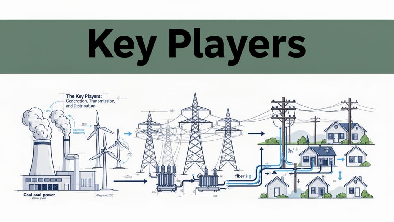 Clean illustrative diagram of power grid components featuring generation from a coal plant and wind turbines on the left, high-voltage transmission lines and towers in the middle, and distribution poles and cables to suburban houses on the right. Bold 'Key Players' headline in Montserrat Black font on a muted dark-green band at the top, technical blueprint style with blue lines on white background.