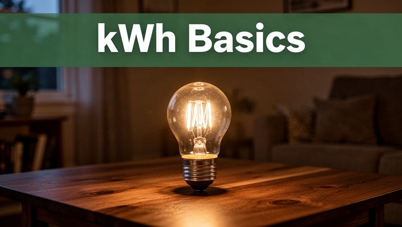 Branded editorial image featuring a muted dark-green header band with bold 'kWh Basics' headline, below which a classic glowing 100-watt incandescent light bulb sits screwed into a socket on a wooden table in a cozy dimly lit room.