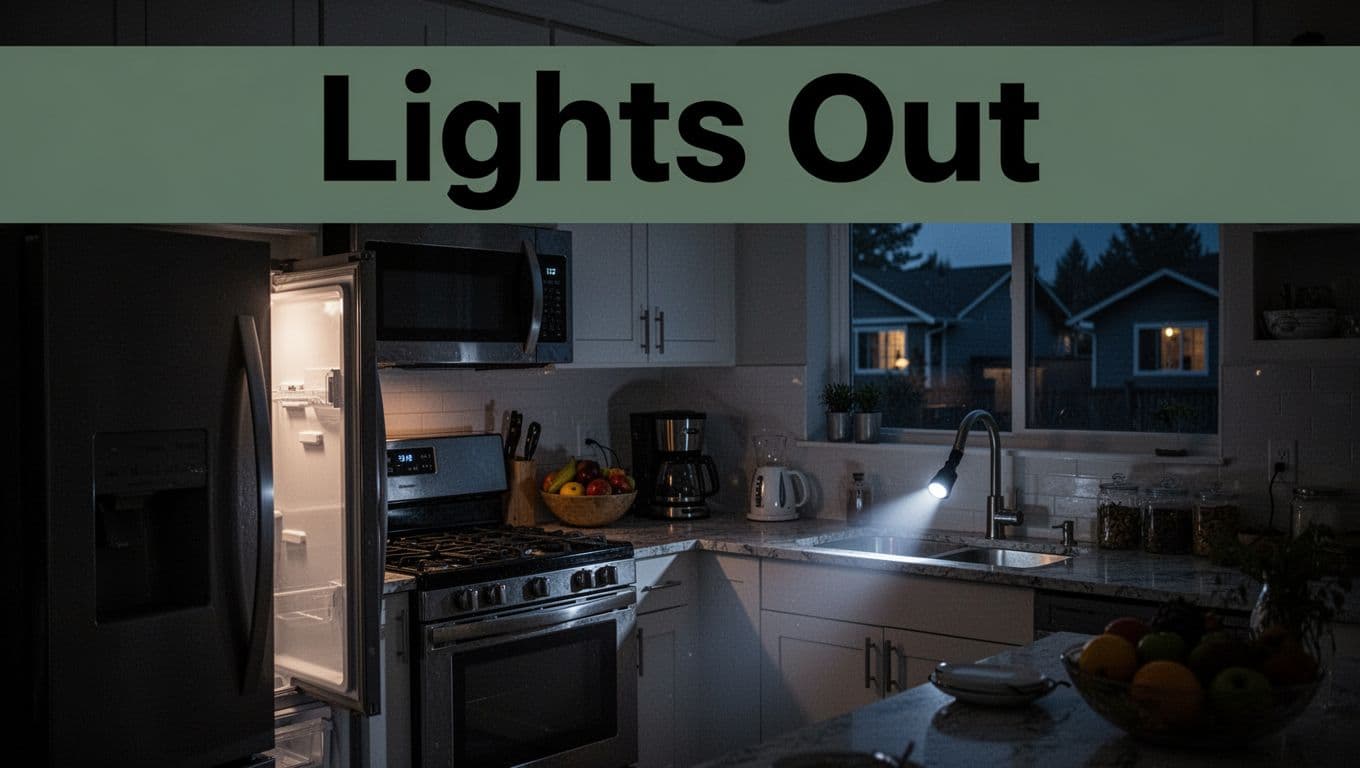 Darkened modern kitchen during power outage with off appliances, ajar refrigerator, blank microwave, flashlight illuminating sink, and 'Lights Out' headline in bold sans-serif.