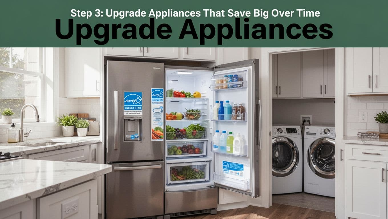 Modern kitchen with open ENERGY STAR fridge revealing efficient interior and nearby laundry washer in a home setting. Bold 'Upgrade Appliances' headline in dark-green band, bright natural light, wide landscape shot.