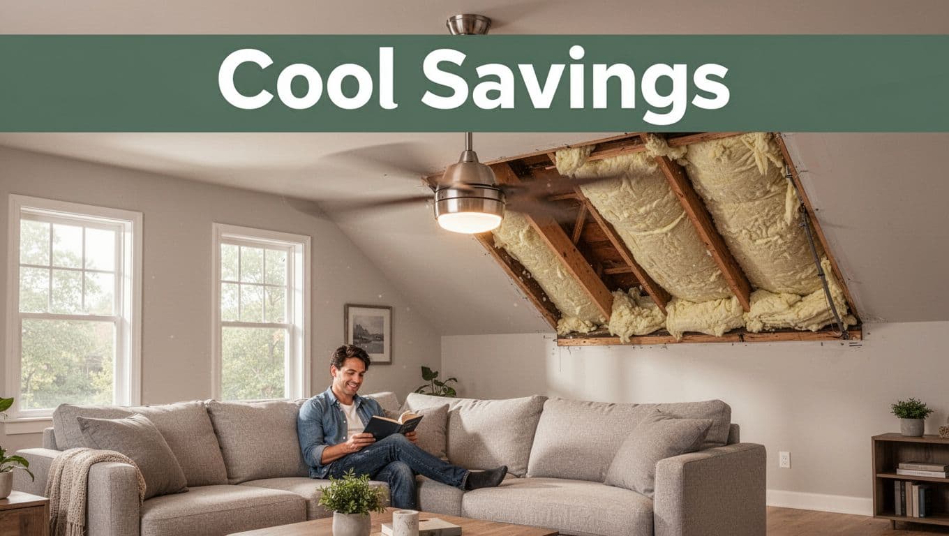 Realistic summer living room photo showing a turning ceiling fan above a couch, open attic with thick insulation, one person reading, and bold 'Cool Savings' headline on a dark-green top band.