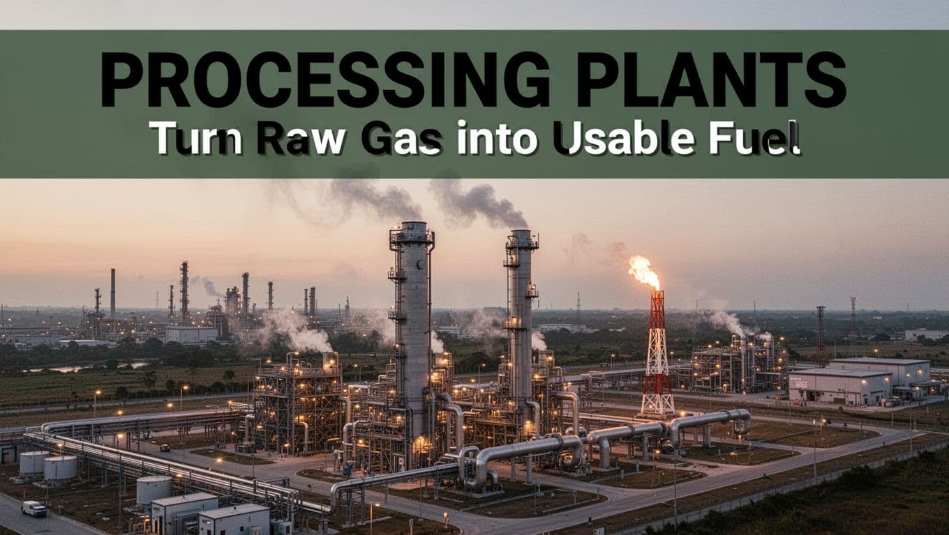 Aerial overview of a modern natural gas processing plant at dusk, showcasing tall towers, steaming pipes, separation units, and a flare stack against an industrial skyline in a bold editorial illustration style with a muted dark-green headline band at the top.