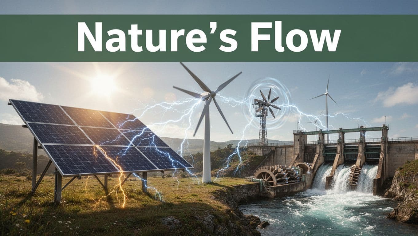 Illustration of solar photovoltaic panels, wind turbines, and hydroelectric dams converting sunlight, wind, and water flow into electricity, connected by subtle arcs under natural daylight.