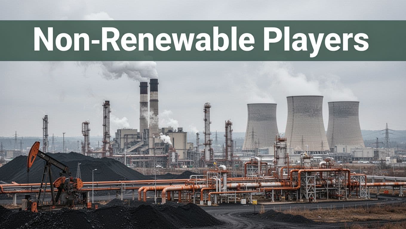 Realistic wide landscape of an industrial scene featuring a coal-fired power plant, oil refinery, natural gas facility, and nuclear power plant with cooling towers under overcast daylight, topped with a bold headline in a muted dark-green band.