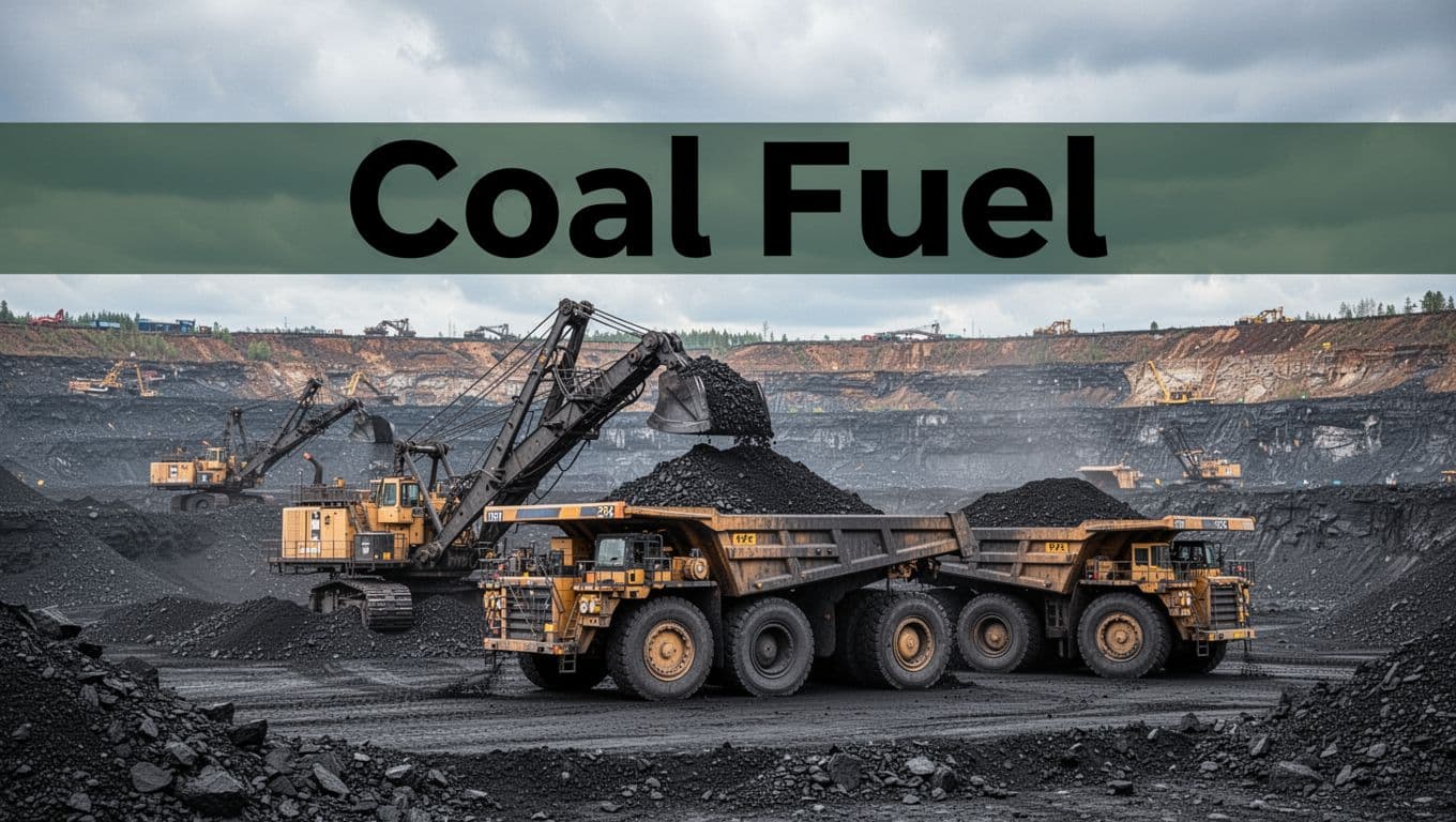 A massive open-pit coal mine with one excavator loading black coal into two huge dump trucks under a cloudy sky, wide landscape view of earth layers and operating machinery in dramatic industrial atmosphere.