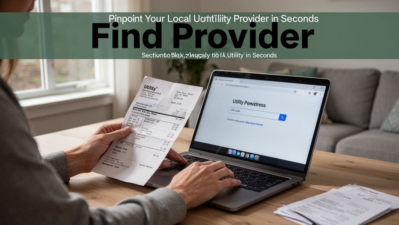 One person at a home desk examines a utility bill and types ZIP code into laptop search bar in a simple living room with natural daylight. Bold 'Find Provider' headline in dark-green band at top, clean realistic photo style.