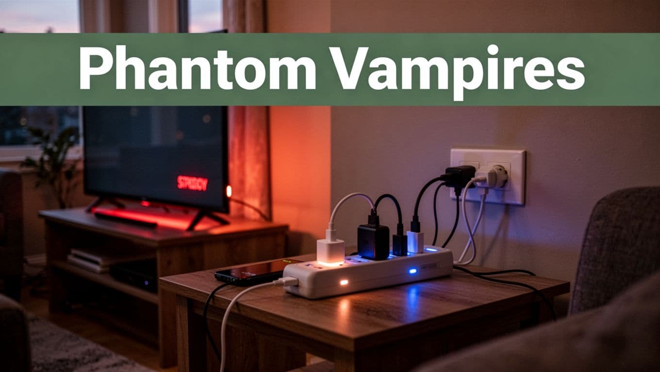 Realistic photo of a home living room at dusk with subtle standby glows from a plugged-in TV, phone charger, and power strip on a side table, overlaid with bold 'Phantom Vampires' headline.