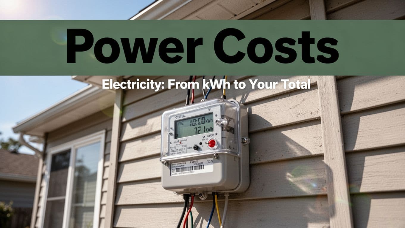 Digital electricity meter on an exterior house wall under clear sky, displaying kWh reading, with bold 'Power Costs' headline on dark-green band at top.