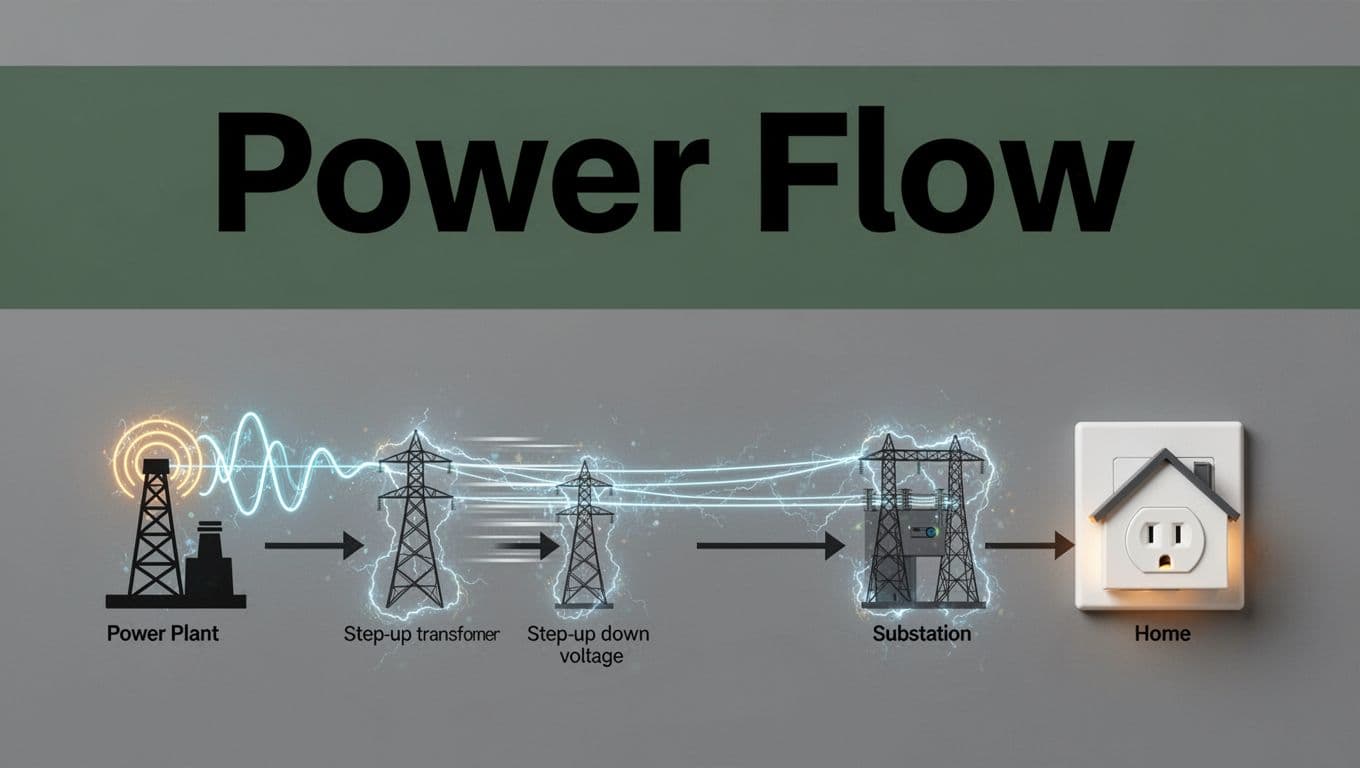 Editorial-style image with bold 'Power Flow' headline on a dark-green band, featuring a linear flowchart illustrating electricity flow from power plant via step-up transformer, high-voltage line, and substation to home outlet.