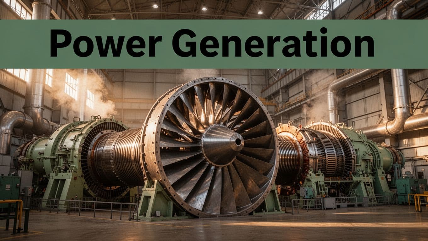 Enormous steam turbine connected to a large electric generator inside a vast modern power plant hall, with thick pipes and industrial machinery background.