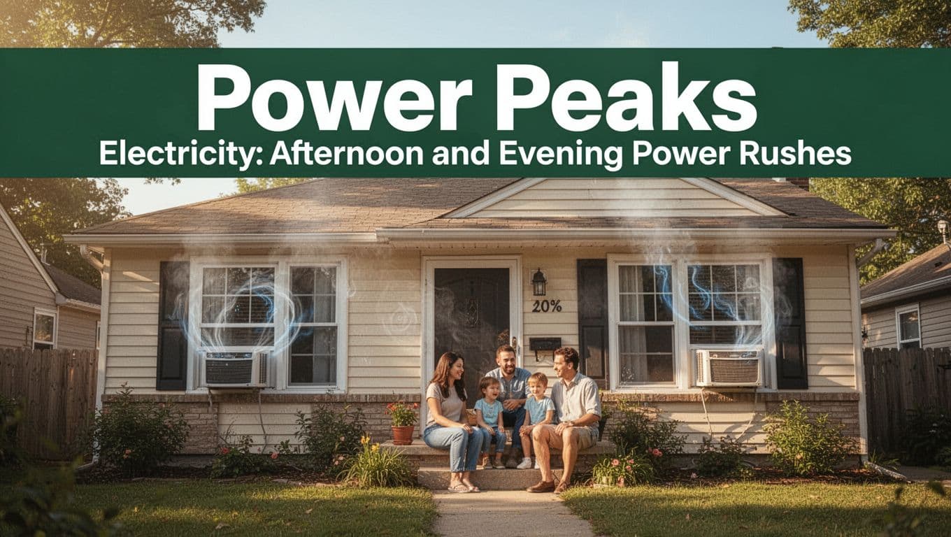 Realistic photo of a suburban house exterior on a busy summer afternoon with two window air conditioners running, showing high electricity usage as a family cools off inside under bright sunlight, featuring a muted dark-green top band with bold 'Power Peaks' headline.