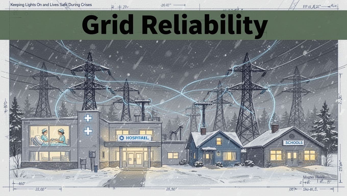 Editorial blueprint-style illustration of a sturdy power grid keeping lights on in a hospital, homes, and schools during a fierce winter storm, with high-voltage lines sharing power and one nurse helping a patient visible in the hospital window.