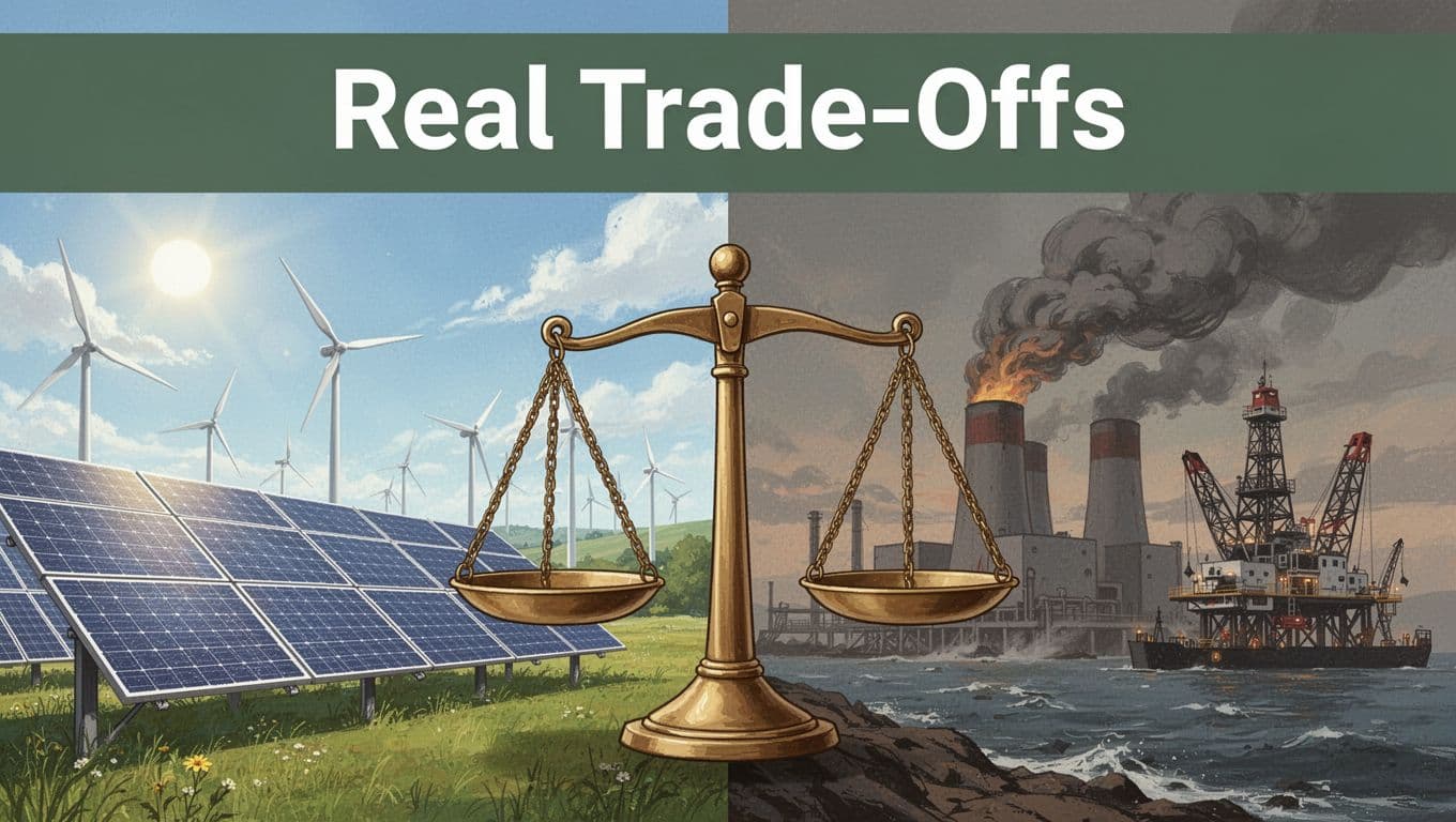 Split composition contrasting thriving solar panels and wind turbines under sunny skies with smoky coal plants and oil rigs, centered on a balance scale tipping slightly toward renewables in bold editorial style.