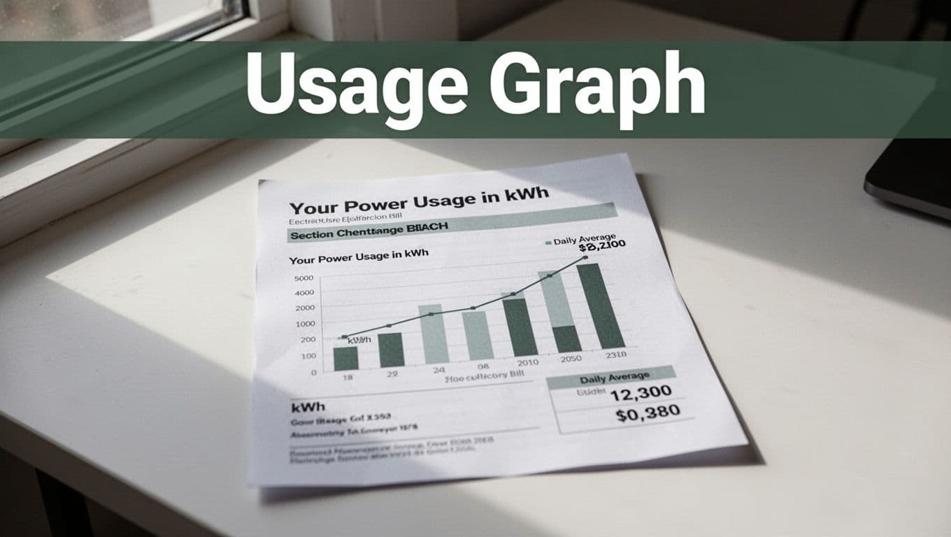 Realistic paper electricity bill on a clean desk, highlighting the kWh usage graph section with daily average numbers, photorealistic style under soft window light.